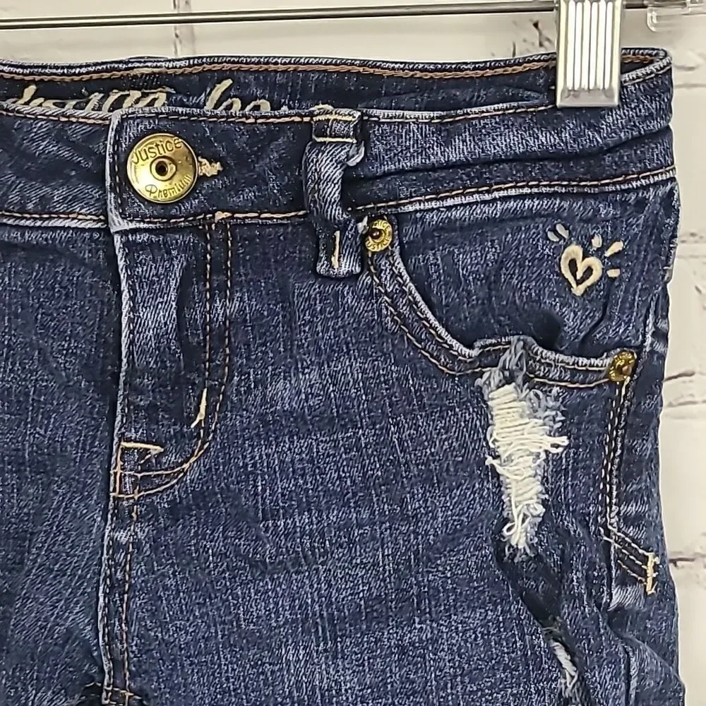 Justice Girl 8 Cotton Stretch Dark Blue Jean Bermuda Midi Short Distressed Denim